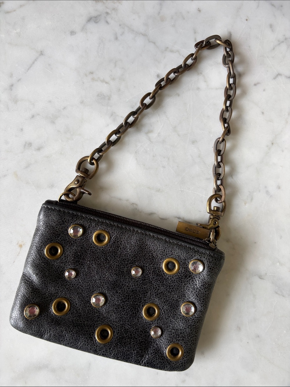HOBO Embellished Black Leather Coin Purse Wristlet with Chain Strap